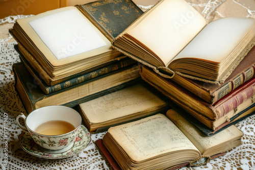 Vintage books and teacup on lace table photo