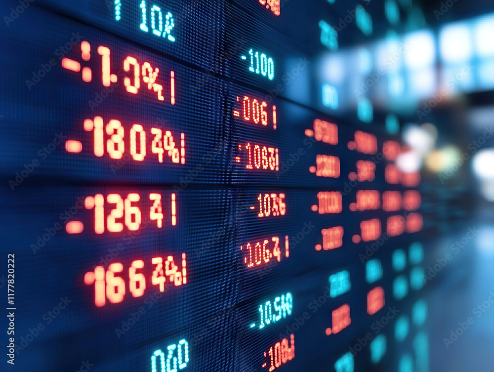 Obraz premium Stock market data displayed on LED screen with financial figures and analysis