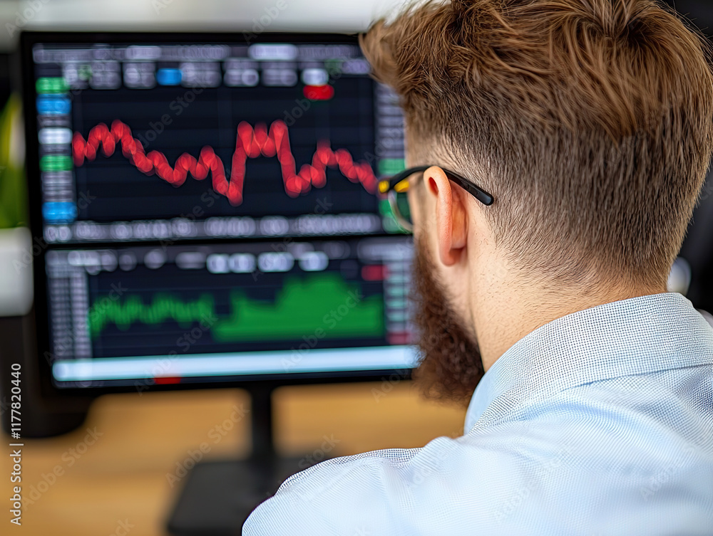 stock trader analyzing financial charts on computer screen in modern office stock trader analyzing financial charts on computer screen in modern office