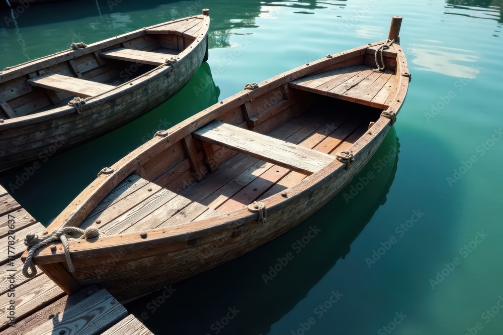 Old wooden boat on dock with weathered wooden planks and ropes, outdoor, old boat Old wooden boat on dock with weathered wooden planks and ropes, outdoor, old boat