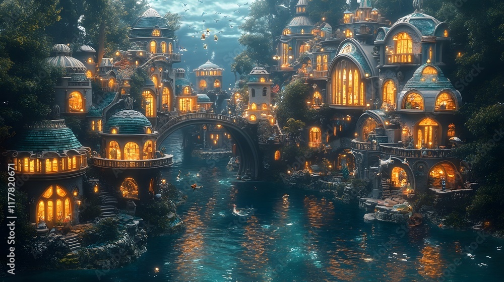 A Whimsical Underwater Metropolis Teeming with Fantastical Merfolk and Sea Life in a Nostalgic Vintage Inspired Aesthetic A Whimsical Underwater Metropolis Teeming with Fantastical Merfolk and Sea Life in a Nostalgic Vintage Inspired Aesthetic