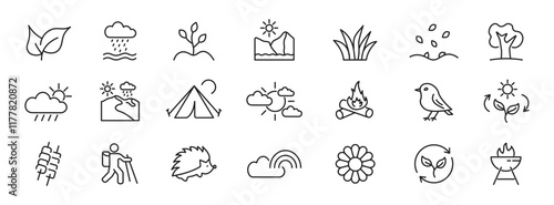Spring icons set. Nature, spring season, outdoor, leaf, flower, grass, rain, tree. Vector