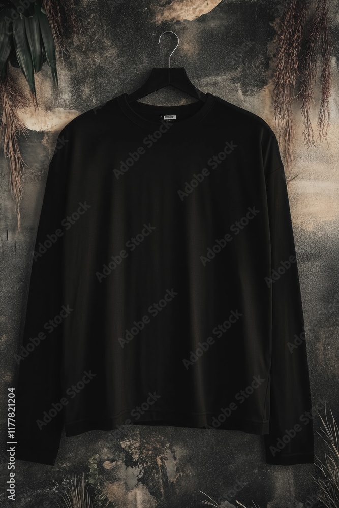 A black long sleeve T-shirt mockup hanging on a hanger against a textured, nature-inspired background with plants and earthy tones. A black long sleeve T-shirt mockup hanging on a hanger against a textured, nature-inspired background with plants and earthy tones.