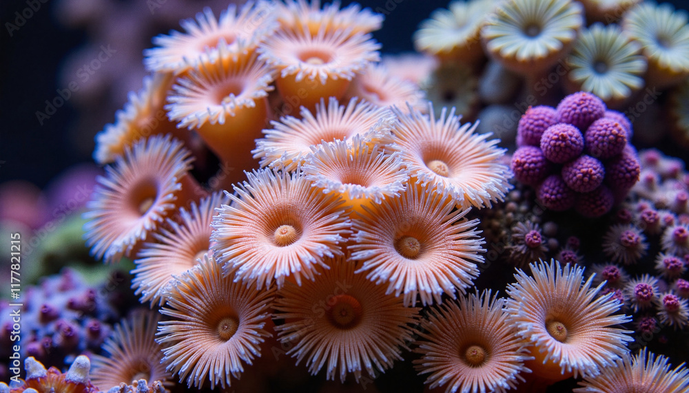 Intricate coral polyps thriving in vibrant marine habitat, biodiversity
