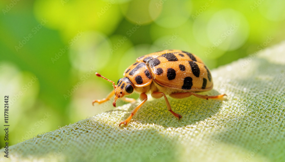 Close-up of a vibrant ladybug crawling on green leaf, nature's beauty Close-up of a vibrant ladybug crawling on green leaf, nature's beauty