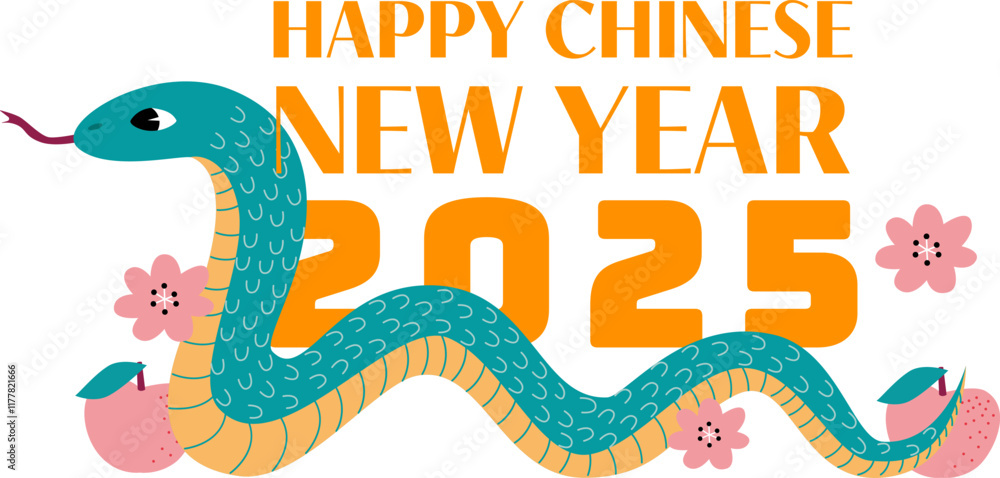 Obraz premium Lunar New Year 2025 banner. Snake with mandarin oranges and plum blossoms. Chinese zodiac green snake on white background.
