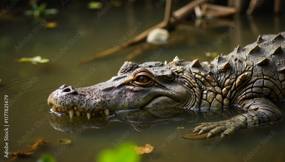 Crocodile lurking in murky water, predatory instinct Crocodile lurking in murky water, predatory instinct