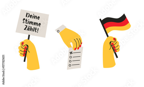 Deine Stimme Zählt. German Election 2025 Illustration with Hands, Flags and Ballot.