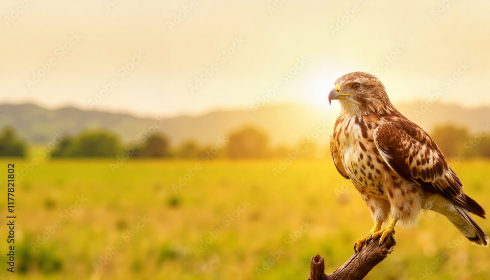 Majestic hawk perched on branch in golden fields, nature's predator Majestic hawk perched on branch in golden fields, nature's predator