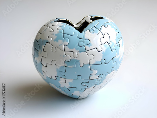 Broken heart puzzle; light blue and white pieces; solving relationship problems; against a white background; for relationship, love, and heartbreak concepts photo