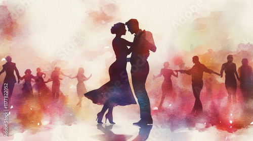 Dancers in a tango workshop, enriched with soft watercolor hues to evoke passion.