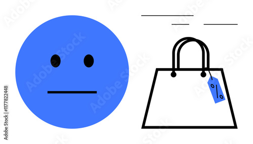 Neutral blue face next to a shopping bag with a dangling price tag and lines indicating motion. Ideal for consumer dissatisfaction, shopping experience, retail, emotions, financial restraint