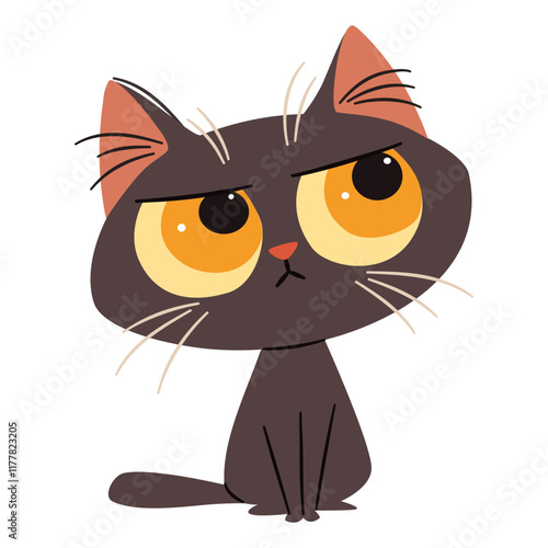 Cute disgruntled black kitten. Flat vector illustration in simple childish style. White background . Vector illustration