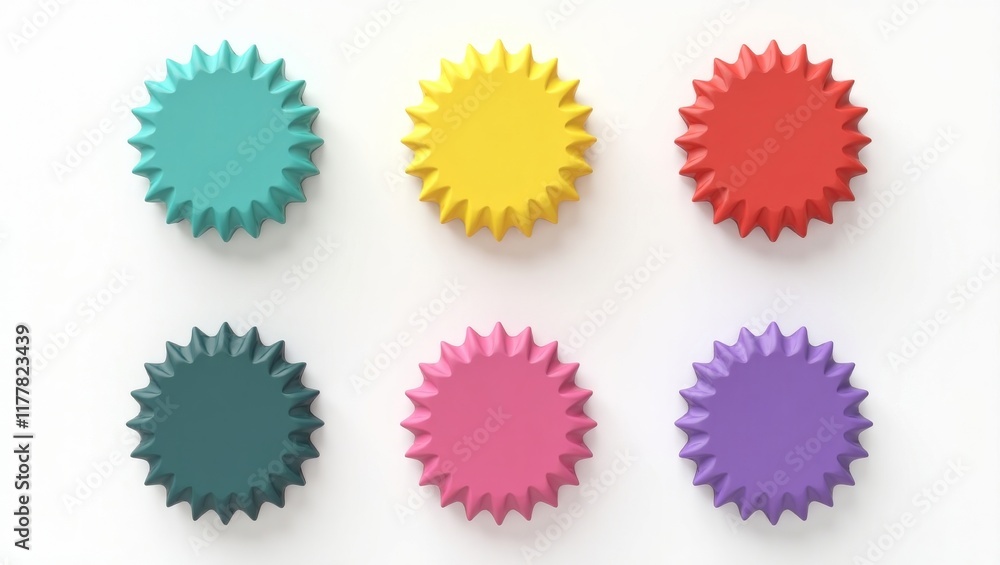 Vibrant starburst circular badge grid on white background Vibrant starburst circular badge grid on white background