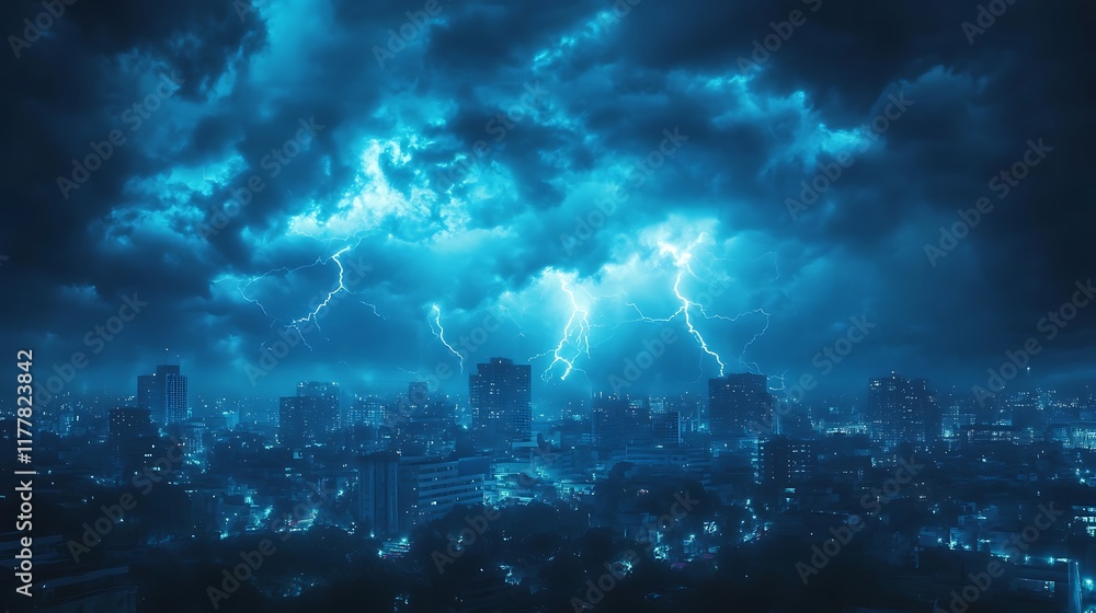 Obraz premium A vibrant, dynamic thunderstorm over a city skyline with a clear area for text