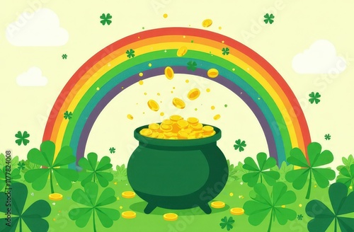 st. patrick’s day illustration mockup with pot of gold, rainbow and shamrocks, greeting card . Generated AI
