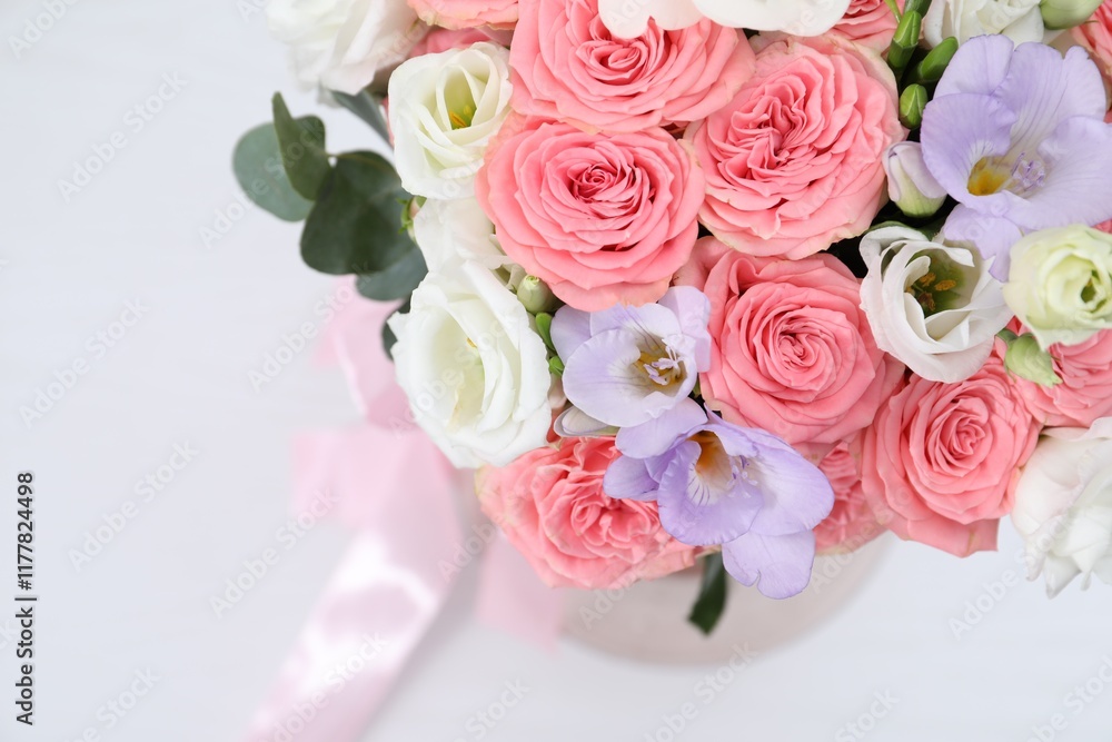 Beautiful wedding bouquet on light background, closeup. Space for text Beautiful wedding bouquet on light background, closeup. Space for text