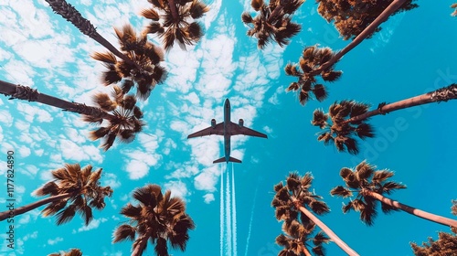 A dynamic perspective pic of an airplane flying overhead with contrails streaming behind it, framed by tall palm trees against a blue sky photo