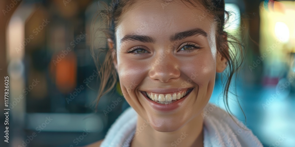 Smiling woman with towel after a vigorous workout, ready for exercise or a healthy lifestyle indoors Smiling woman with towel after a vigorous workout, ready for exercise or a healthy lifestyle indoors