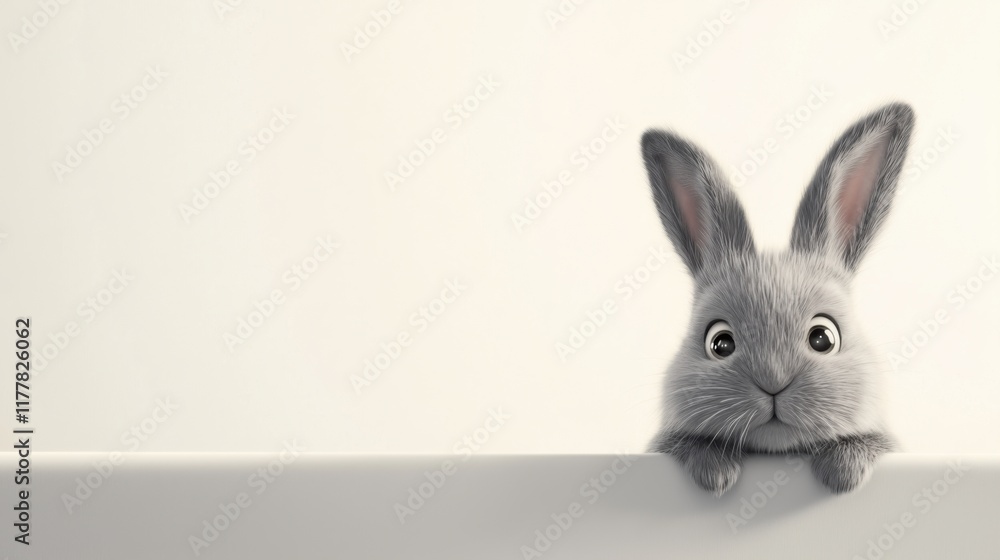 Gray rabbit peeking over a white surface with a curious expression in a minimalist setting Gray rabbit peeking over a white surface with a curious expression in a minimalist setting