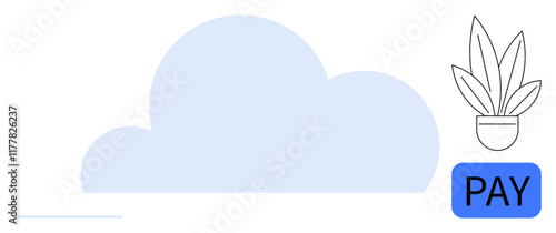 Cloud behind a plant pot and a pay button. Ideal for online transactions, cloud integration, financial technology, digital payments, e-commerce, cloud computing, cybersecurity. Abstract line flat