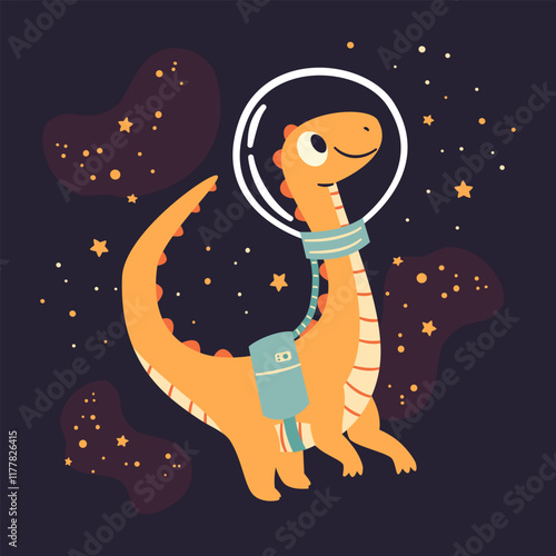 Cute kind dinosaur flying in a spacesuit in space, flat vector illustration in simple child style, dark background . Vector illustration