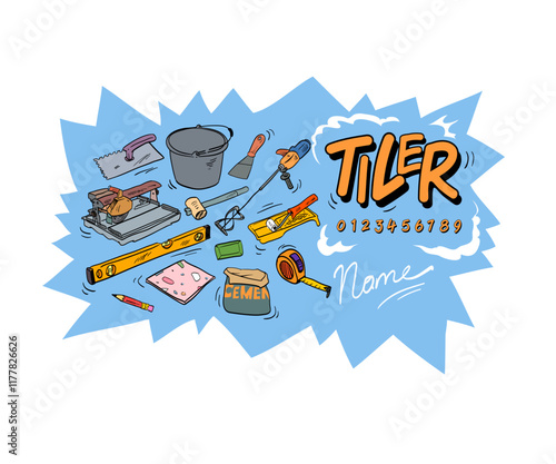 Tiler and tile laying service announcement. Creative advertisement template, vector illustration.