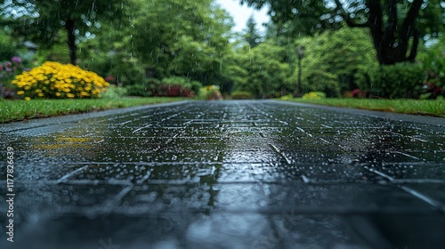 Rainy day, wet pathway, garden. photo