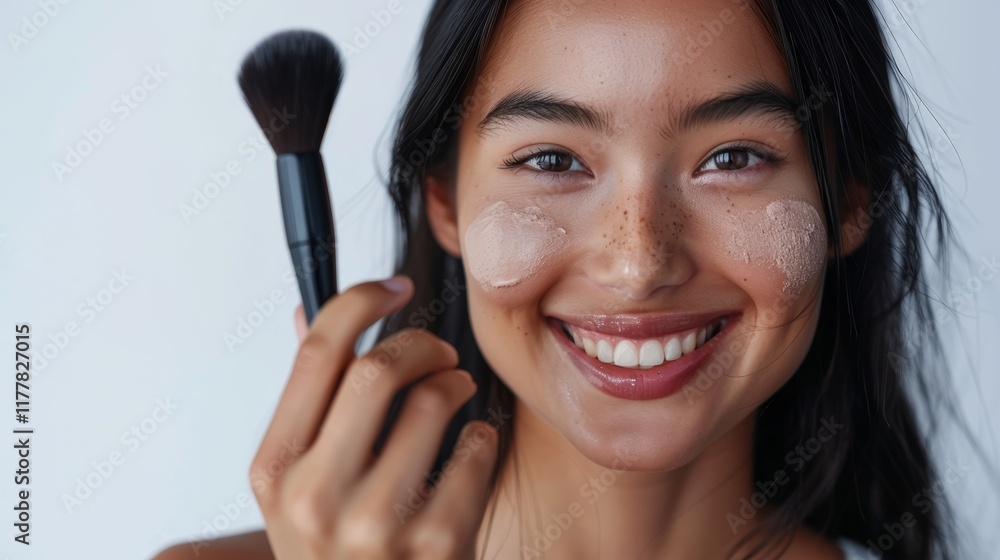 Portrait of a woman applying makeup with a brush, featuring cosmetic products on a clean background. Joyful model using foundation and skincare tools Portrait of a woman applying makeup with a brush, featuring cosmetic products on a clean background. Joyful model using foundation and skincare tools