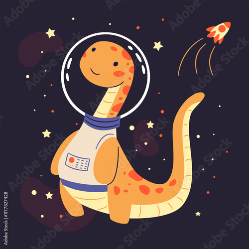 Cute kind dinosaur flying in a spacesuit in space, flat vector illustration in simple child style, dark background . Vector illustration