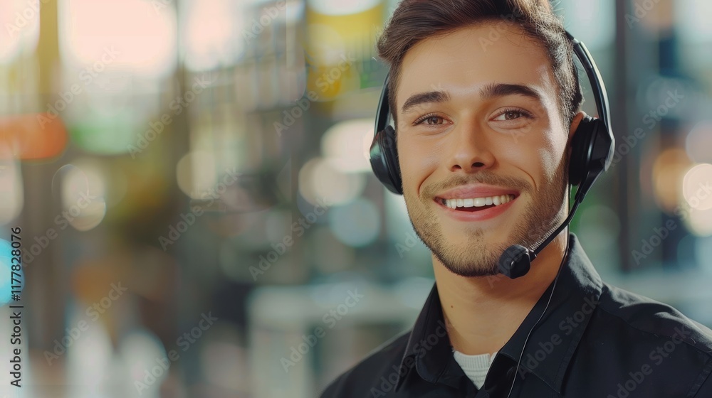 Cheerful customer support representative providing assistance or motivation for telemarketing and business services