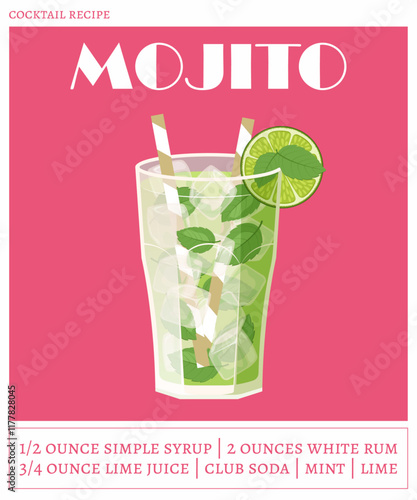 Mojito cocktail on the pink background. Vector illustration of summer refreshing drink. Alcohol cocktail recipe poster