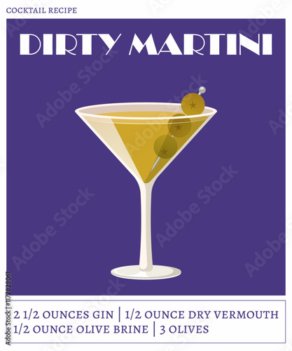 Dirty martini cocktail on the violet background. Vector illustration of classical alcoholic drink. Cocktail recipe poster