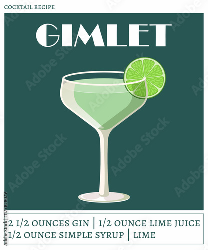 Gimlet cocktail on the green background. Vector illustration of modern alcoholic drink. Cocktail recipe poster