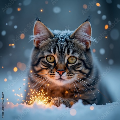 Adorable Kitten in Winter Snow with Sparkler Lights