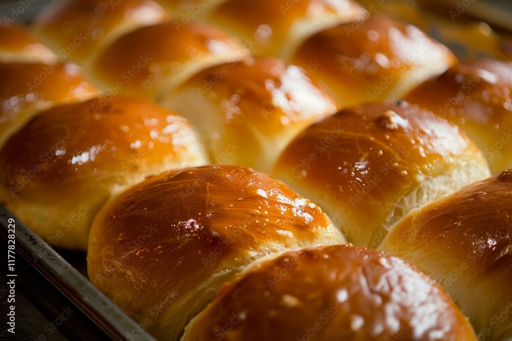 Freshly baked bread rolls cooling on a baking sheet after being taken out of the oven Freshly baked bread rolls cooling on a baking sheet after being taken out of the oven