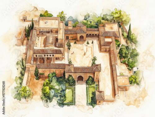 Bird's-eye view of Alhambra's architectural layout with artistic watercolor accents.