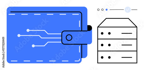 Digital wallet with circuitry pattern and snap closure next to data server illustration. Ideal for technology, cybersecurity, finance, digital transactions, online banking, data storage, fintech