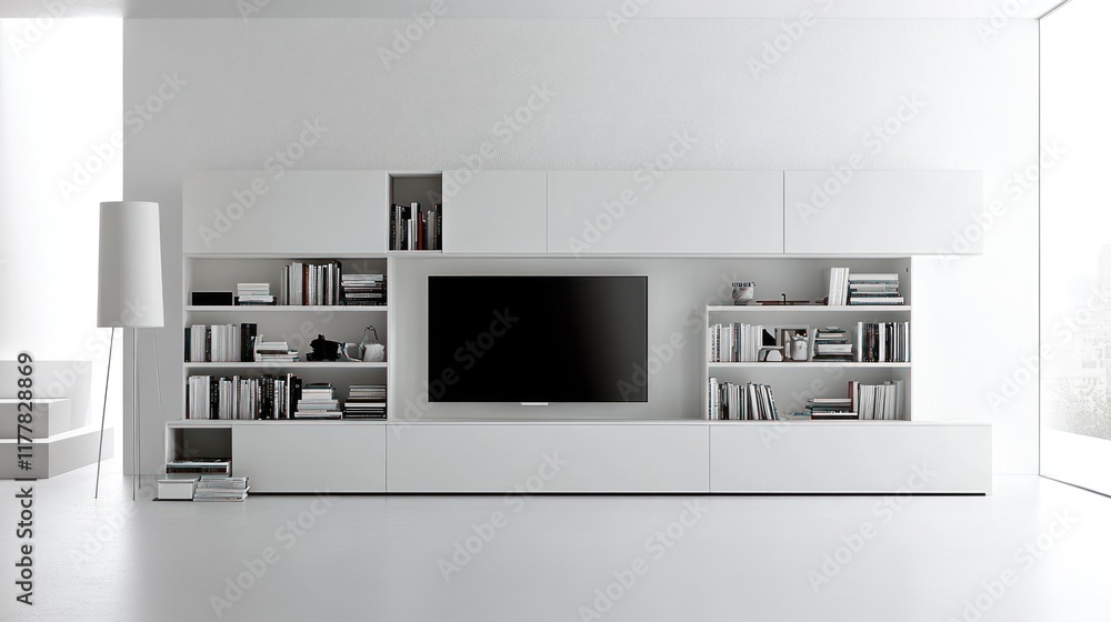 Fototapeta premium Modern white media unit in bright minimalist living room