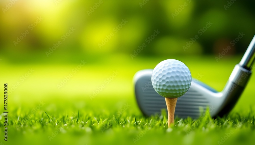 Luxurious Golf Course Scene with Ball on Tee, Perfect Green Grass and Warm Sunflare Luxurious Golf Course Scene with Ball on Tee, Perfect Green Grass and Warm Sunflare