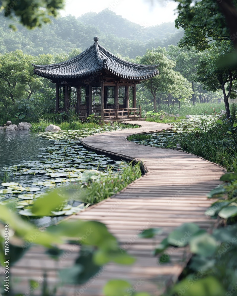 Serene wooden pathway leading to tranquil pavilion in lush nature peaceful landscape morning light Serene wooden pathway leading to tranquil pavilion in lush nature peaceful landscape morning light