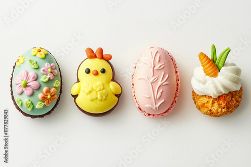 Set of Easter themed sweets collection. Isolated on clear,  neutral white background. Individual focus, pastel chocolate egg with floral patterns, chick shaped sugar cookie, macaron, mini carrot cake