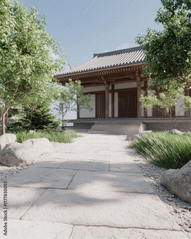 Tranquil zen atmosphere at a japanese temple serene pathway architectural design nature setting calm perspective Tranquil zen atmosphere at a japanese temple serene pathway architectural design nature setting calm perspective