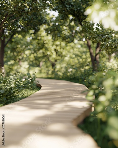 Scenic wooden pathway through lush green forest nature tranquil environment serene viewpoint photo