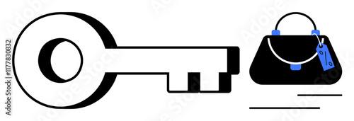 Key beside handbag with tag indicating security and ownership. Ideal for themes thumbs up safety, protection, privacy, access, belongings, key to success, personal security. Black white blue