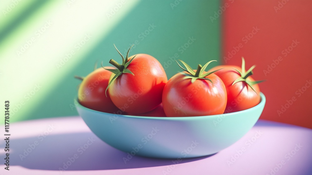 Fresh tomatoes in a teal bowl on a pastel purple table. Fresh tomatoes in a teal bowl on a pastel purple table.