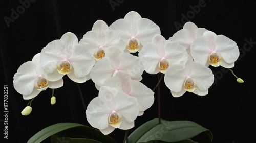 Bunch of white orchids are in a vase. The flowers are arranged in a row and are all facing the same direction photo