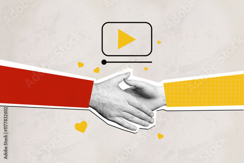 Photo collage handshake body fragments video player icon youtube media agreement greeting grab hand palms gesture drawing background photo