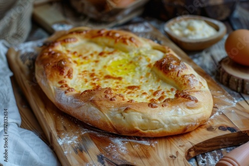 Freshly baked ajarian khachapuri with gooey cheese resting on wooden board photo