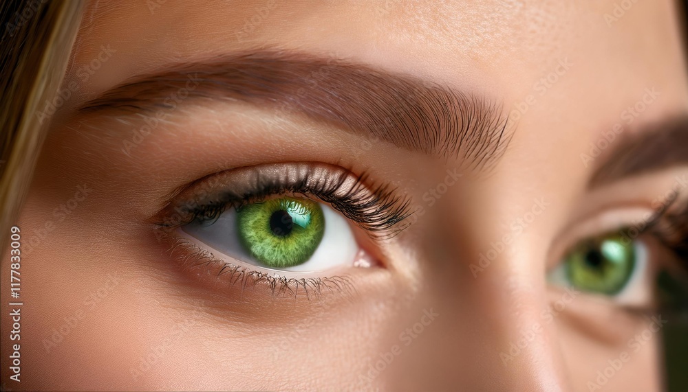 Naklejka premium Close-up of vibrant green eye with detailed eyebrows highlighting natural beauty